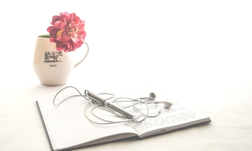 notebook with a pen on it, kept besides a cup with a flower in it.