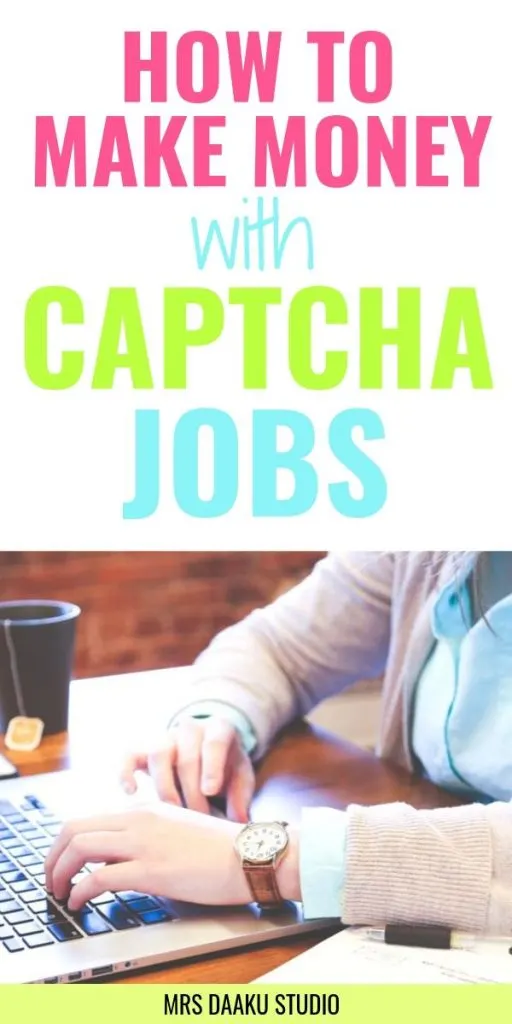 How to make money with captcha jobs - Pinterest graphic - lady with hands on a laptop