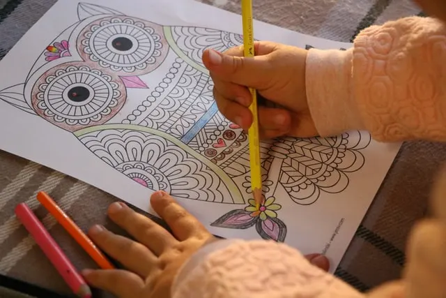 In this image a kid is coloring an owl shape design. Used for a blog post on How to sell coloring pages on Etsy