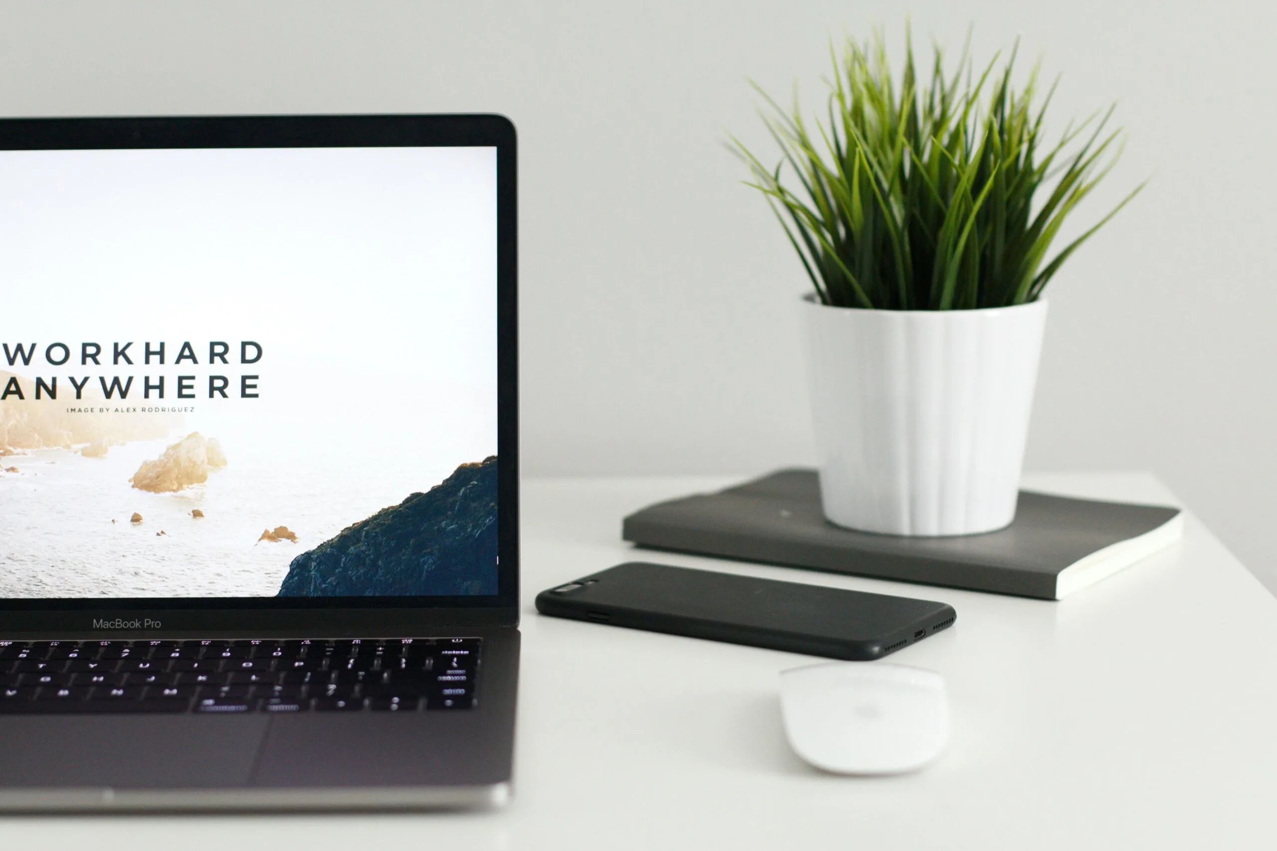 a laptop with a plant, mouse and phone