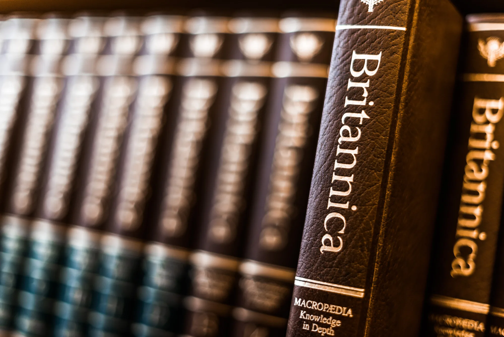 POZNAN, POL - FEB 03, 2020: Encyclopedia Britannica volumes on a shelf in a public library