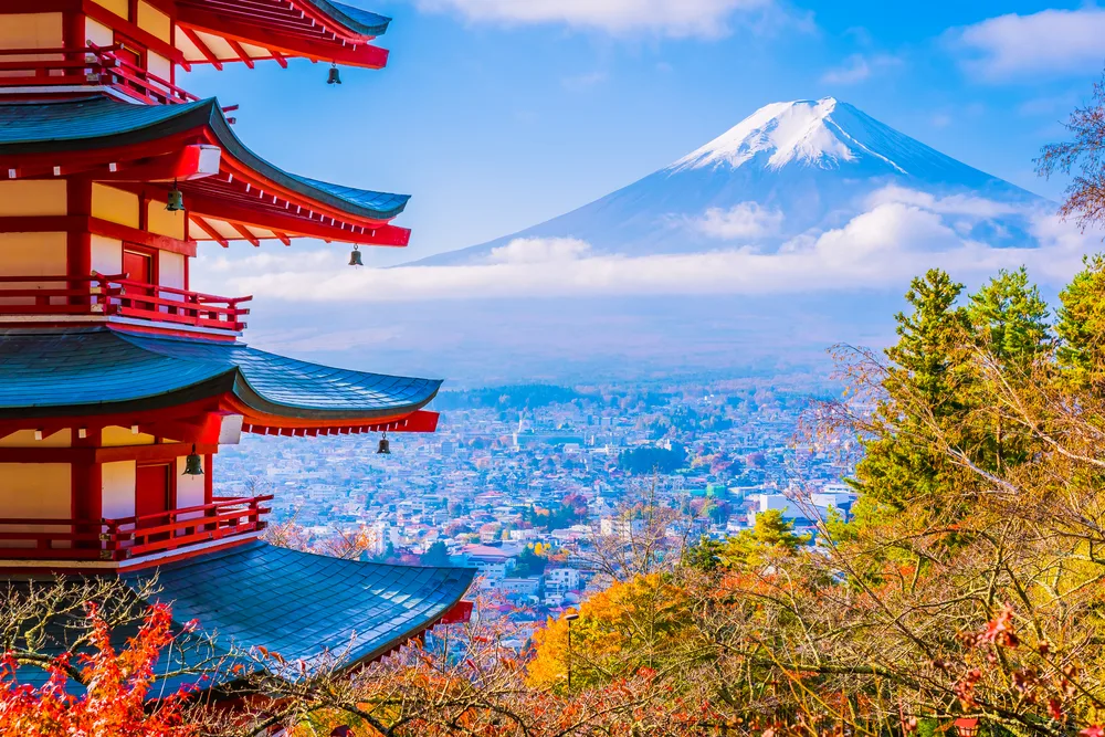 Beautiful landscape of mountain fuji with chureito pagoda around maple leaf tree in autumn season at Yamanashi Japan