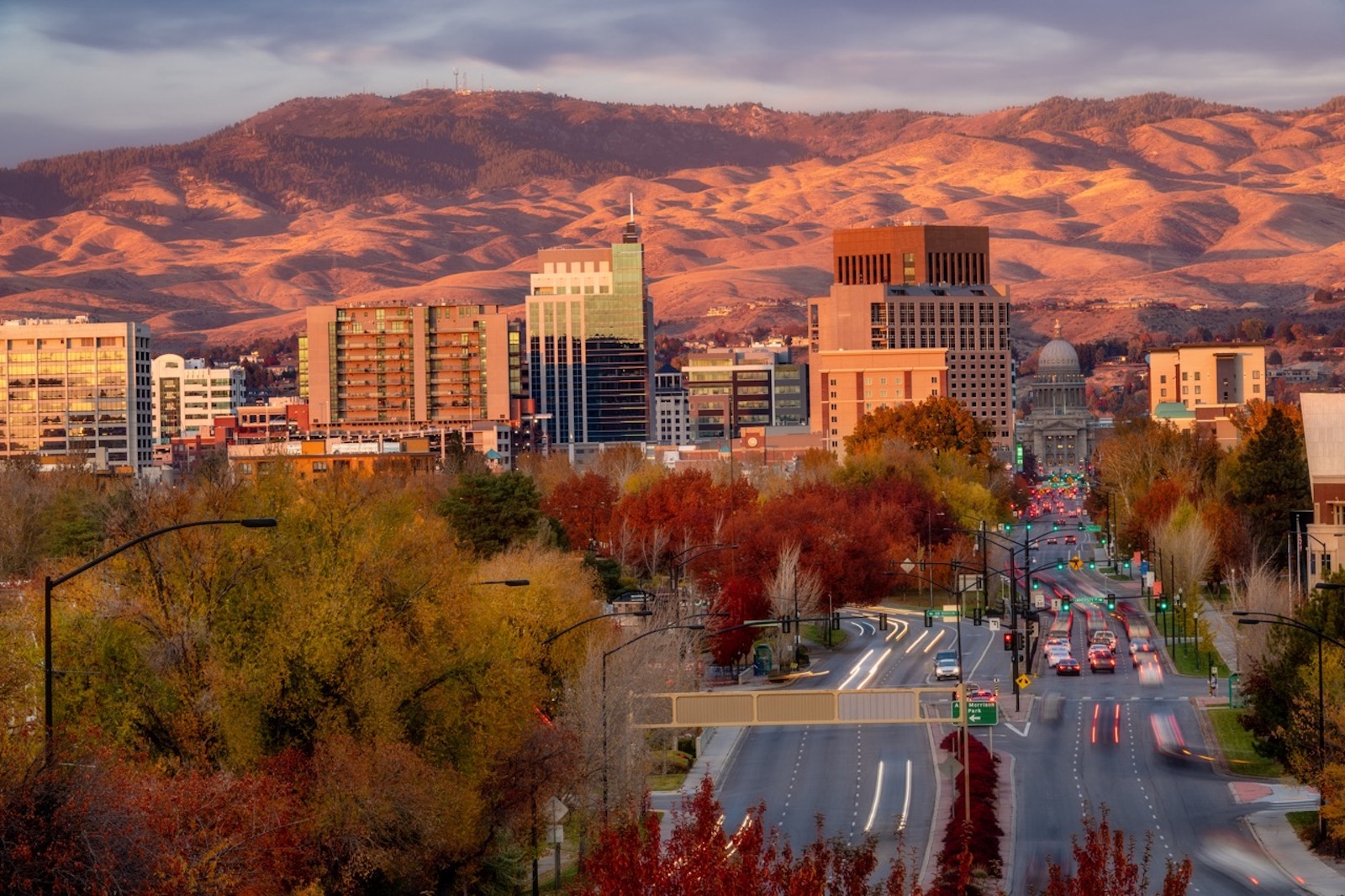 Sunset over Boise Idaho with autumn trees
