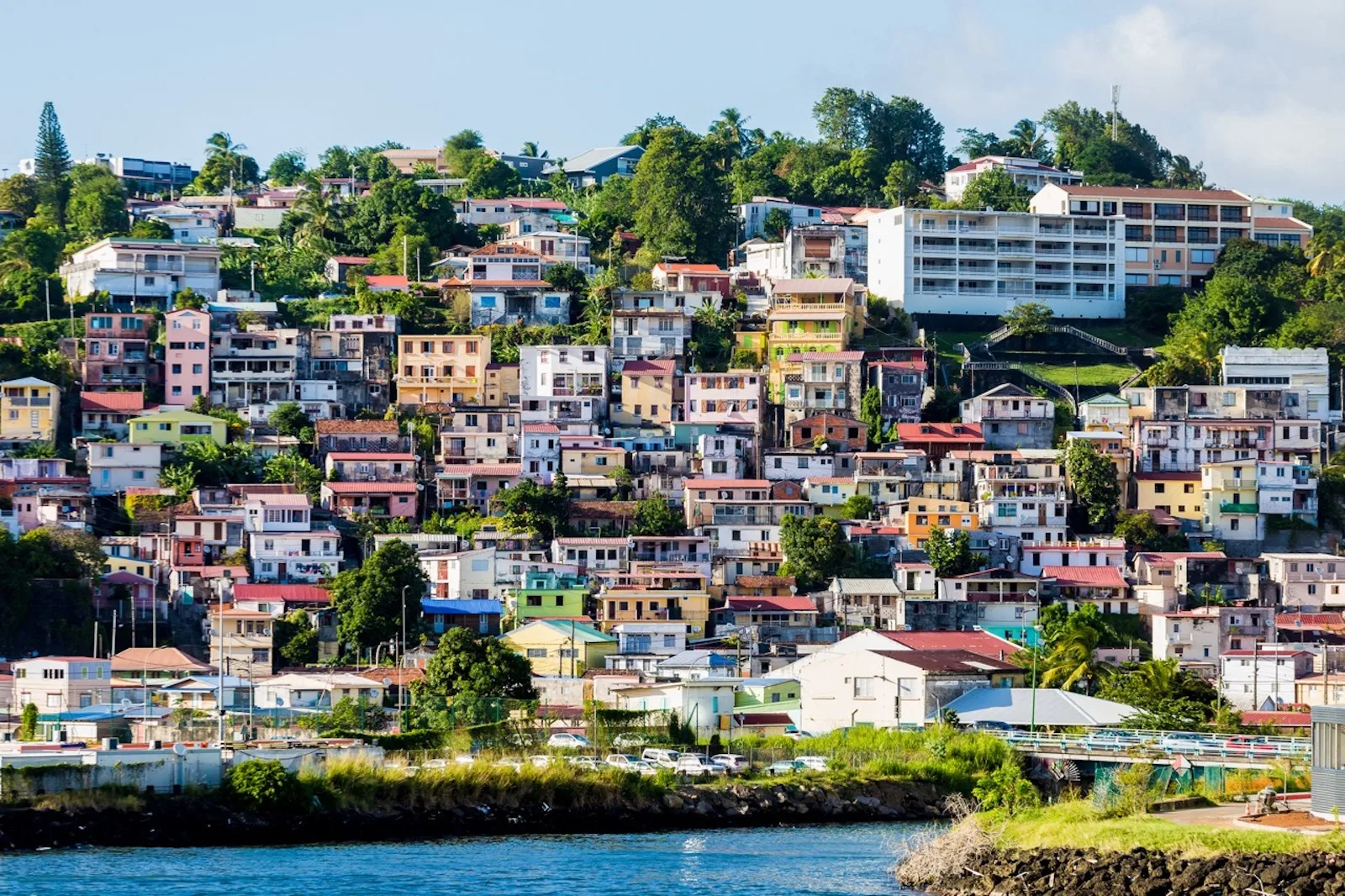 Many colorful buildings on the coast of Martinique