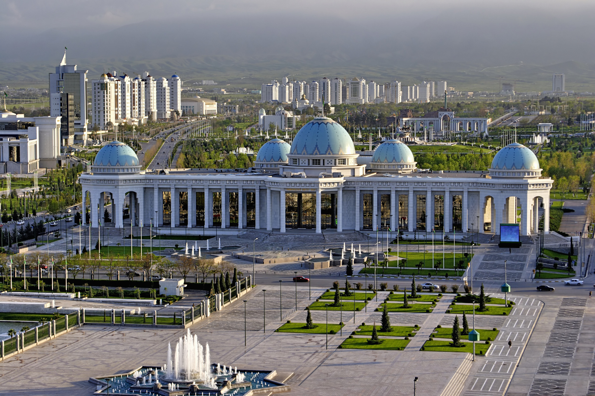 General Views to the main square and palace Ruhyet. Ashkhabad. Turkmenistan.