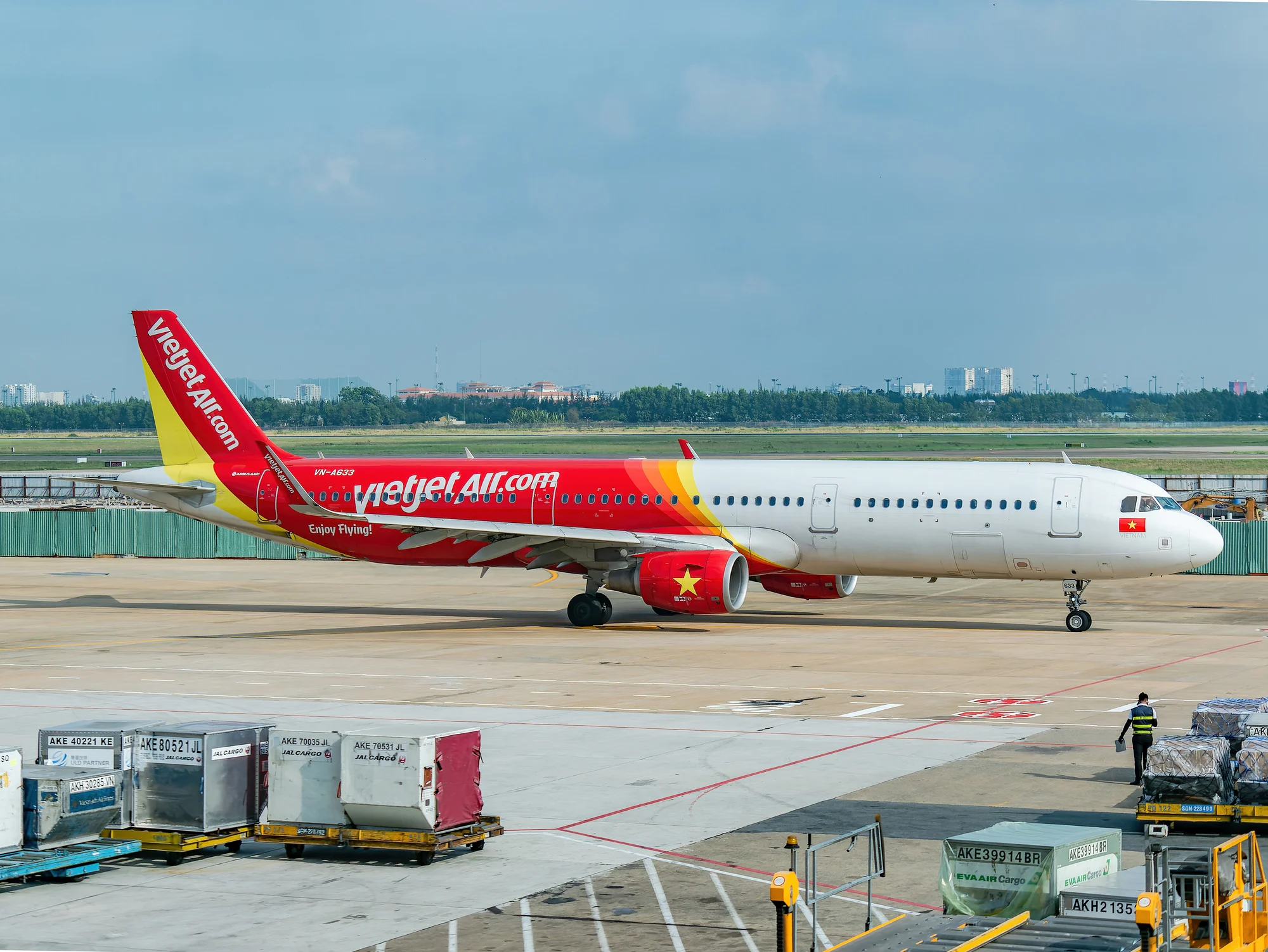 Ho Chi Minh City, Vietnam - April 13th 2018: Vietjet Airbus A321 ready for departure at Tan Son Nhat Airport in Ho Chi Minh City, Vietnam.
