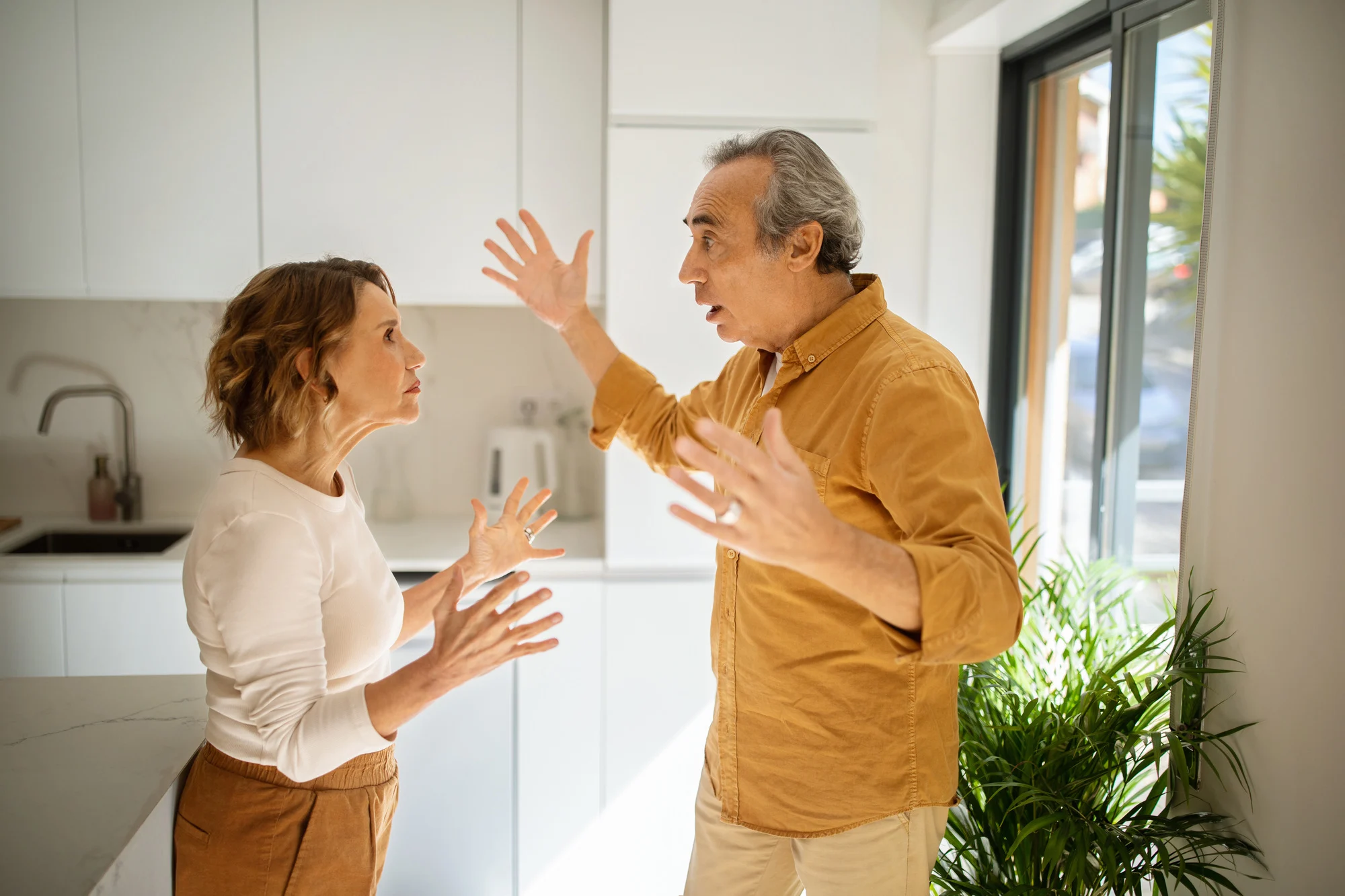 Relationship problems. Angry senior man arguing with his wife at kitchen, mad spouses shouting at each other and gesturing, having difficulties in marriage, side view