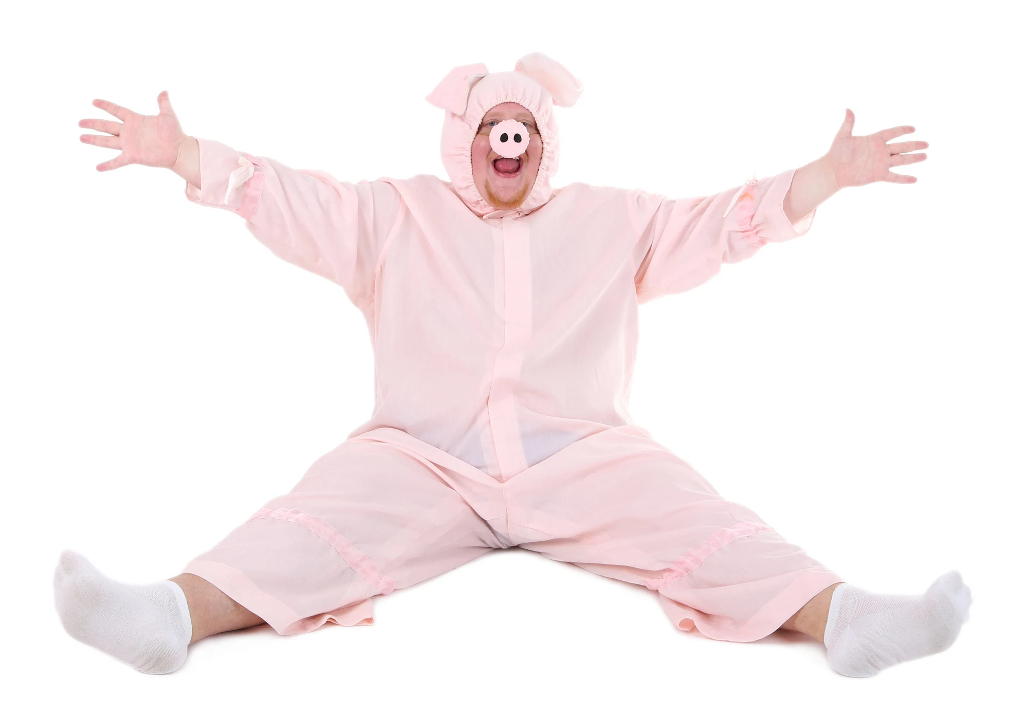 Fat man in pig costume isolated on white