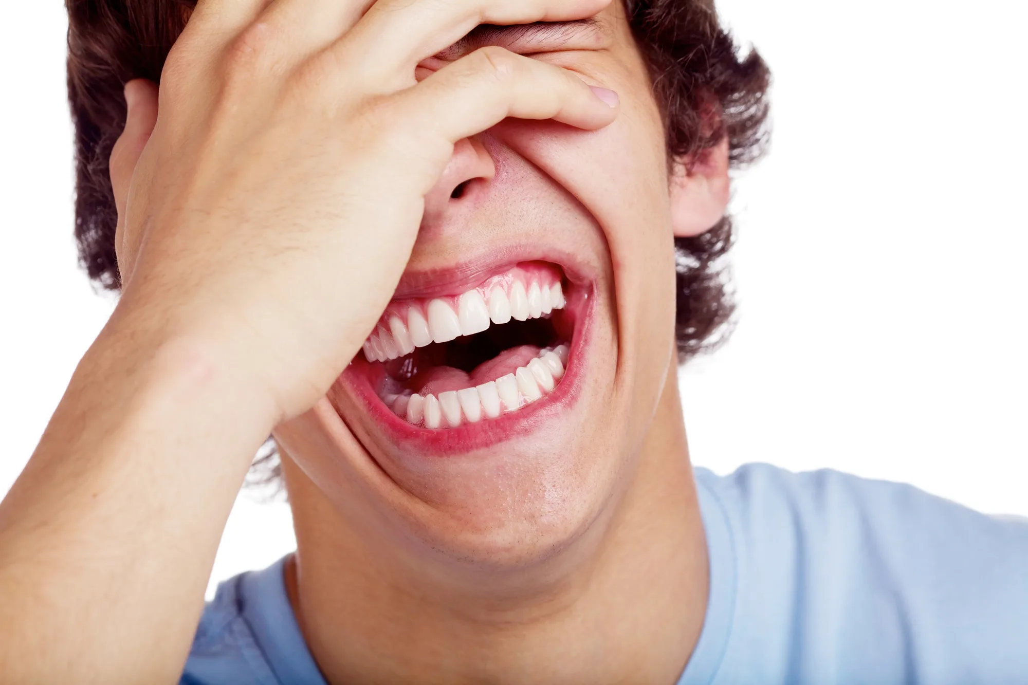 Close up portrait of hard laughing young man. Isolated on white background, mask included