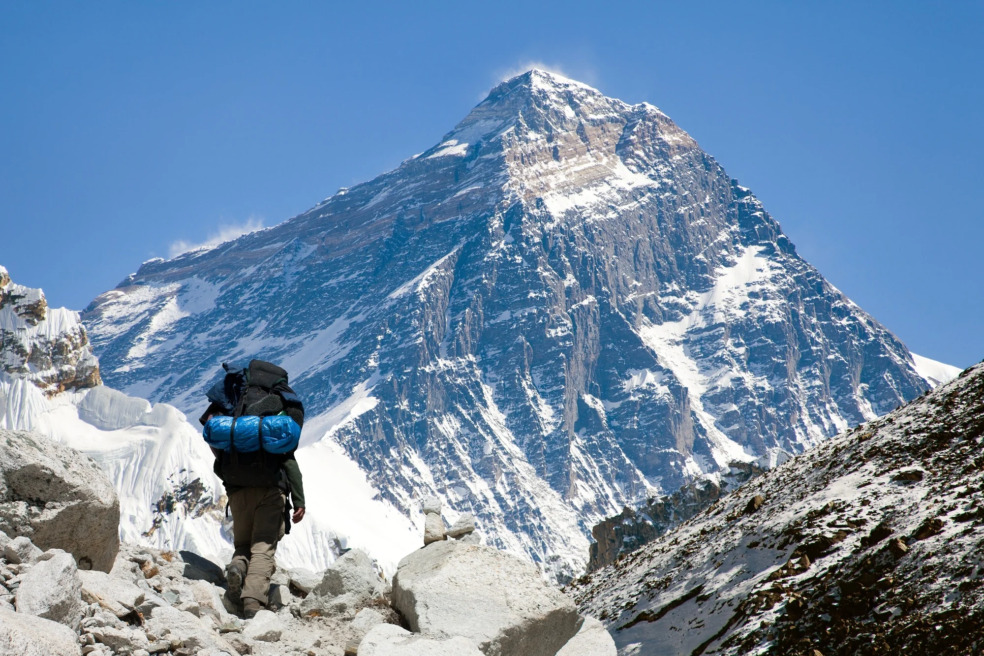 view of Everest from Gokyo valley with tourist on the way to Everest base camp, Sagarmatha national park, Khumbu valley, Nepalese Himalayas