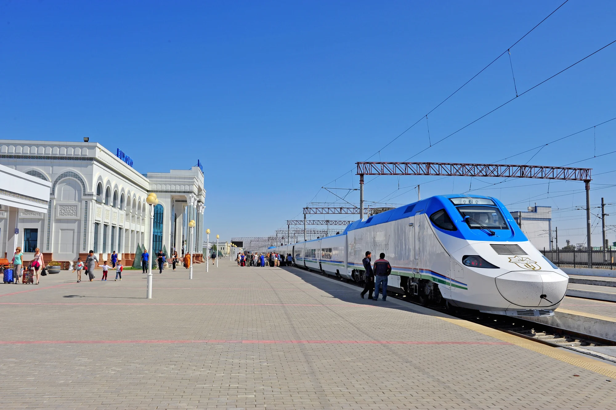 Bukhara, Uzbekistan: high-speed afrosiyob train and railway station. 15 of September 2017.
